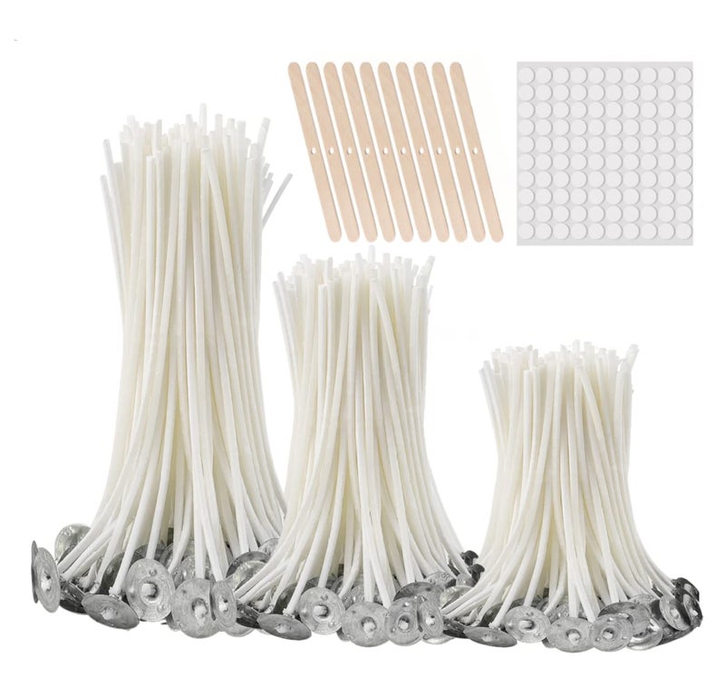 buluker 300Pcs Functional Smokeless Candle Wicks - Pre Waxed Cotton Wick with Metal Sustainer Tabs for Pillar Candle Making and DIY, 9cm/3.5in, 15cm/6in, 20cm/8in - Image 1